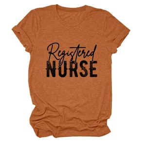 Close-up of caramel Registered Nurse printed cotton t-shirt with detailed knit texture