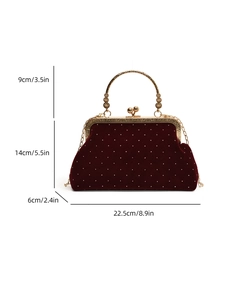 Elegant wine red velvet evening clutch bag with sparkling rhinestones and gold handle