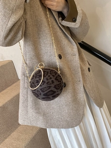 Fashionable leopard print sphere crossbody bag for women with gold chain and rhinestone handle