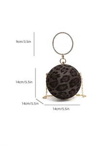 Spherical leopard print evening bag with rhinestone ring handle and gold chain strap