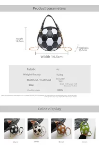 Detailed view of creative football-shaped PU leather crossbody bag with size specifications