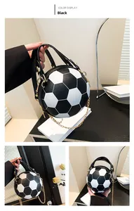 Detail view of soccer-shaped purse with black and white leather and gold chain strap