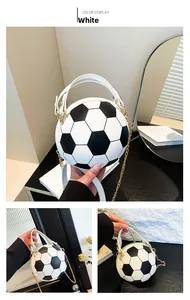 Detailed views of a creative soccer ball handbag with black and white patterns and gold chain