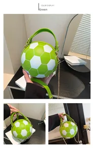 Detail of green soccer ball shaped handbag with pebble texture PU leather and gold chain