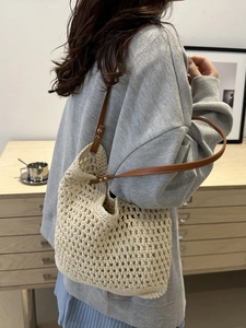 French retro hollow crochet knit tote bag with brown leather straps and large capacity