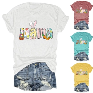 Detail of MAMA lettering with Easter bunny and carrot prints on short sleeve t-shirts