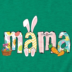 Close-up of Mama text print with Easter eggs and bunny ears on green cotton T-shirt