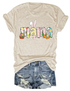 Macro shot of MAMA graphic tee with Easter bunny ears and ripped denim shorts
