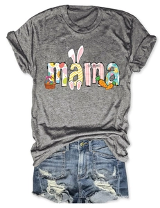 Flat lay of grey MAMA T-shirt with Easter bunny print and distressed denim shorts