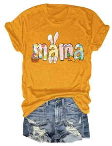 Detail of mama graphic print with Easter bunny ears and carrots on orange cotton T-shirt