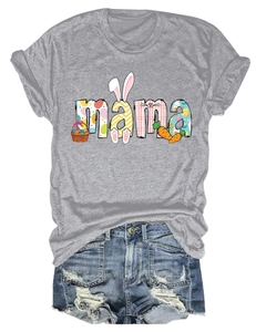 Close-up of MAMA Easter graphic t-shirt with rabbit and egg icons and denim shorts