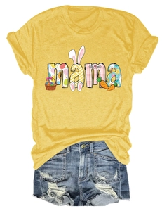 Detail of yellow MAMA T-shirt featuring Easter bunny ears and carrot graphics