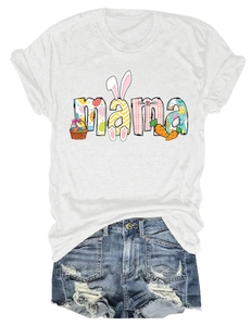 Detailed view of women's white Easter MAMA t-shirt with bunny and egg graphic patterns