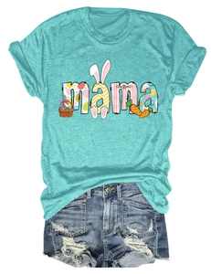 Detail of teal MAMA T-shirt with Easter eggs, bunnies and carrots paired with denim shorts