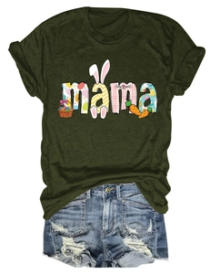 Detail of green MAMA t-shirt with Easter bunny graphics and ripped denim shorts