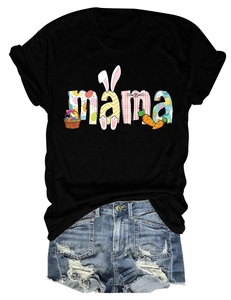 Close-up of Easter MAMA print with bunny ears and colorful eggs on black t-shirt