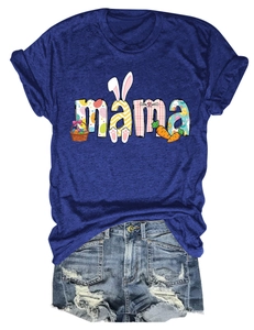 Detail of navy MAMA t-shirt with Easter eggs and bunny ears on premium cotton fabric