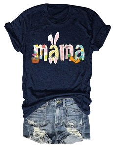 Detail of Easter MAMA print with rabbit ears and carrots on a navy cotton T-shirt