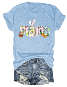Detail of light blue MAMA t-shirt with festive Easter bunny and carrot prints
