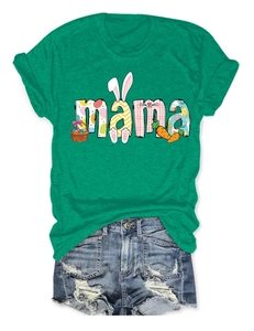 Detail of Easter mama T-shirt with bunny ears and colorful egg pattern on fabric