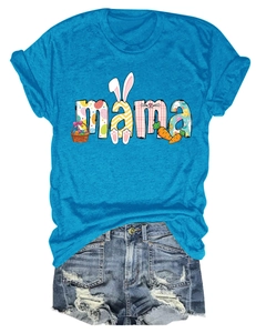 Detail of mama lettering with Easter egg patterns on light blue short sleeve cotton t-shirt