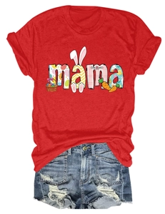 Detail of red MAMA t-shirt with Easter bunny graphics and distressed denim shorts
