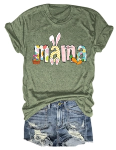 Detail of army green MAMA t-shirt with Easter egg rabbit print and denim shorts