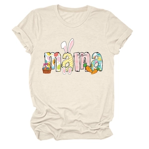 Detailed close-up of MAMA Easter graphic with eggs and bunnies on cream cotton T-shirt