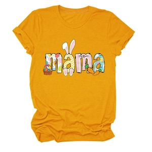 Detail of soft yellow Easter MAMA t-shirt with festive rabbit and egg patterns