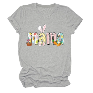 Detail of mama text print with Easter eggs and bunny ears on grey cotton t-shirt