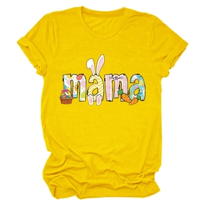 Detail of yellow cotton T-shirt featuring mama lettering with Easter bunny and egg patterns