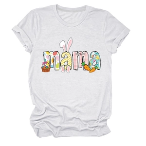 Detail of Easter Mama print on white cotton T-shirt featuring bunny ears and colorful patterns