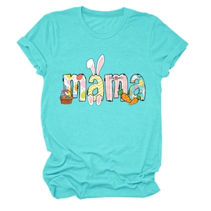 Detail of light blue Easter Mama T-shirt showing rabbit and egg print on cotton fabric