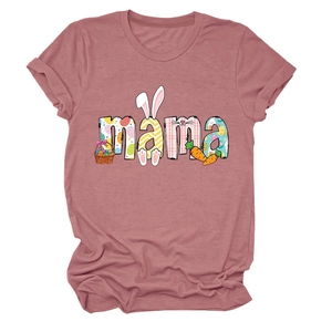 Detail of dusty rose T-shirt featuring mama lettering with Easter bunny and egg patterns