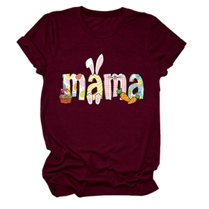 Detail view of the Easter mama print with bunny ears and eggs on a burgundy t-shirt