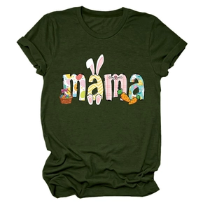Detail of dark green t-shirt fabric featuring mama letter print with easter rabbit ears