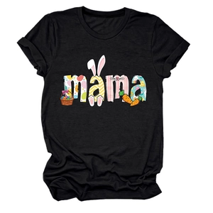 Close-up of Easter mama graphic with eggs and bunny on a black crew neck T-shirt
