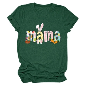 Detail of mama text with Easter bunny and egg patterns on a dark green cotton t-shirt