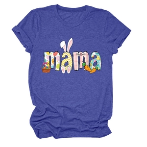 Detail of mama text with Easter eggs and bunny ears on blue cotton short sleeve t-shirt