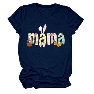 Detail of navy cotton T-shirt featuring mama lettering and Easter rabbit pattern