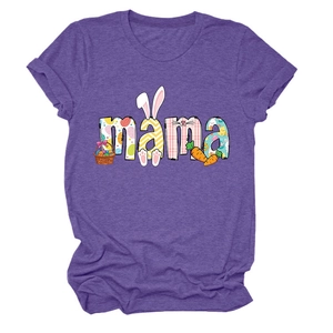 Close-up of Mama Easter purple T-shirt with bunny, egg and carrot print details