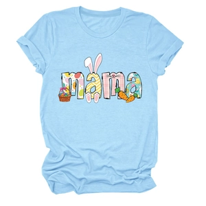 Light blue MAMA Easter T-shirt with bunny and egg graphics on a white background