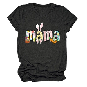Detail of mama easter print with bunnies and eggs on grey cotton blend t-shirt