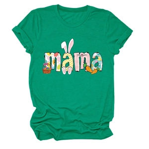 Detail of green Easter Mama T-shirt featuring rabbit ears and carrot graphic prints