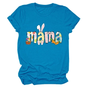 Detail of teal crew neck t-shirt featuring festive MAMA Easter bunny and egg print