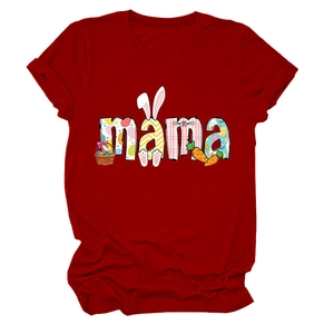 Close-up of red MAMA Easter t-shirt with bunny ears, eggs, and carrot patterns