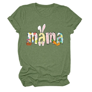Close-up of Easter-themed 'MAMA' print with bunnies and eggs on dark green cotton T-shirt