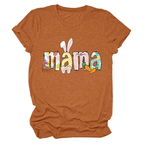 Close-up of Mama text with Easter egg and bunny patterns on rust red cotton T-shirt