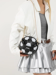 Trendy soccer shaped shoulder bag with black and white leather and gold chain strap
