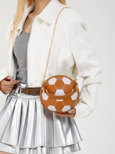 Fashionable brown and white soccer ball shaped crossbody bag with gold metal chain strap